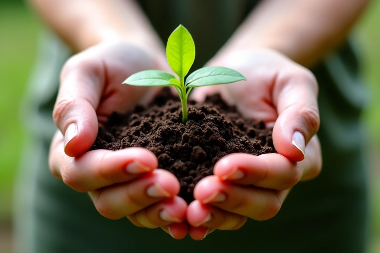 Hands holding a seedling, symbolizing growth and future health