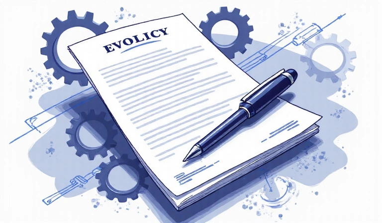 Illustration of a document with a pen, surrounded by gears and digital elements, symbolizing policy updates and legal changes
