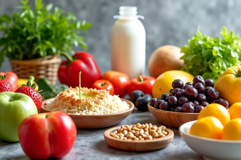 Table with various healthy foods for different dietary needs, like fruits, vegetables, gluten-free bread