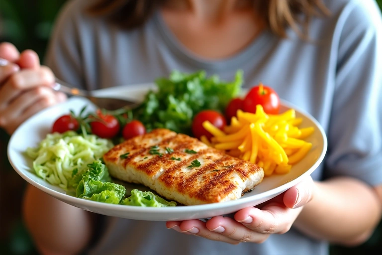 A person enjoying a healthy, colorful meal with fresh vegetables and lean protein, illustrating mindful eating.