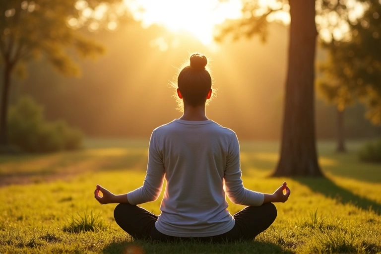 A person meditating peacefully outdoors, symbolizing stress reduction and its link to wellness.